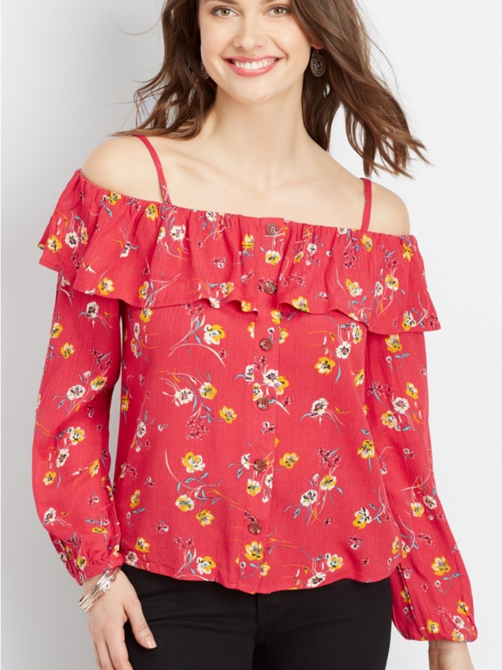 Boho Chic Maurices Red Floral Off-Shoulder Ruffle Blouse Size M